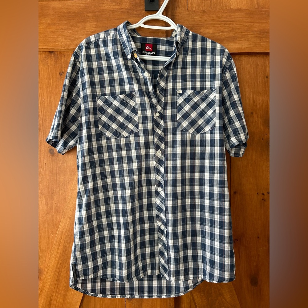 Quiksilver Navy and White Plaid Short-Sleeve Button-Down Shirt